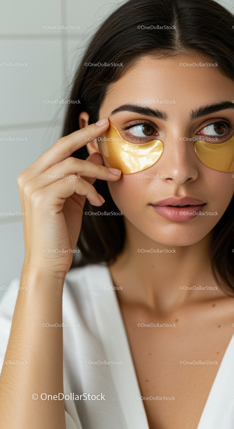 Young Woman Applying Gold Under-Eye Patches for Skincare