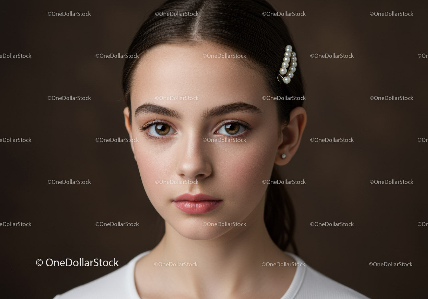 Elegant Young Woman with Pearl Hairpin in Beauty Portrait