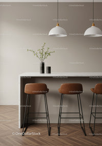 Modern Minimalist Kitchen with Wooden Bar Stools and Pendant Lighting