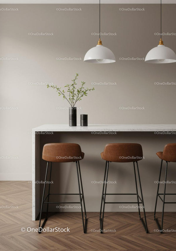 Modern Minimalist Kitchen with Wooden Bar Stools and Pendant Lighting