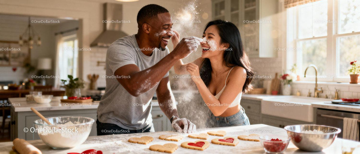 Couple Playfully Baking Heart-Shaped Cookies Together