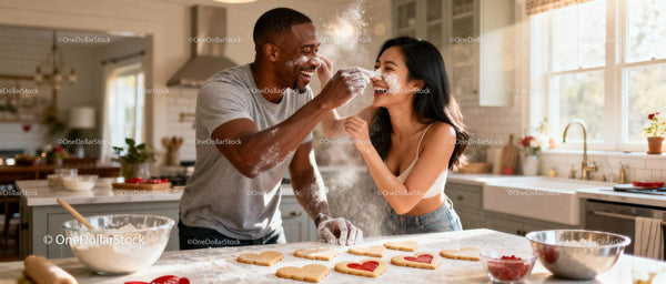 Couple Playfully Baking Heart-Shaped Cookies Together