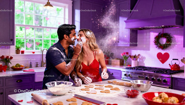 Couple Baking Heart Cookies Sharing Flour Kiss