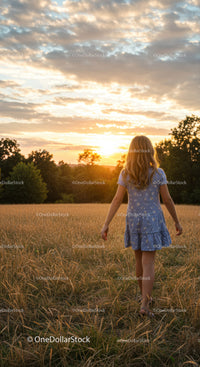 Young girl walking through golden field at sunset