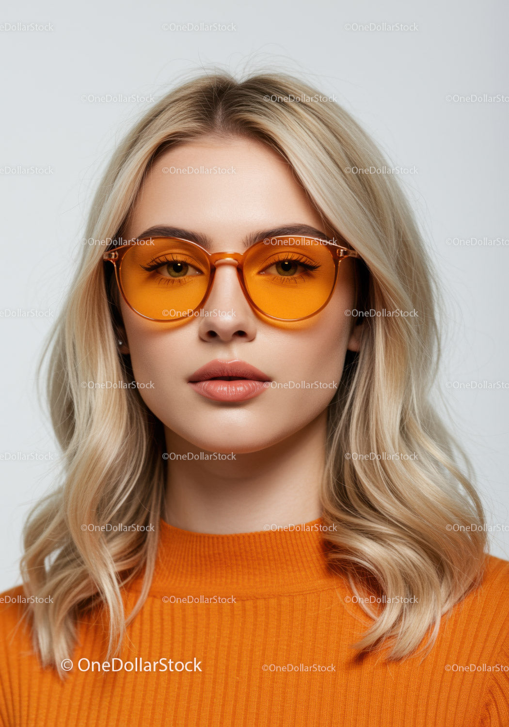 Stylish Blonde Woman Wearing Orange Sunglasses Creating Fashion Statement