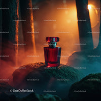 Luxury Red Perfume Bottle in Mystical Forest Scene