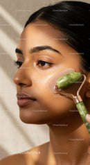 Young Woman Using Jade Roller for Facial Rejuvenation with Glowing Skin