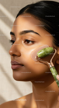 Young Woman Using Jade Roller for Facial Rejuvenation with Glowing Skin