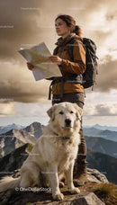 Hiker with Large White Dog Exploring Mountain Trail