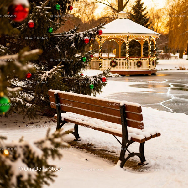 Snow-covered bench near decorated Christmas tree in park