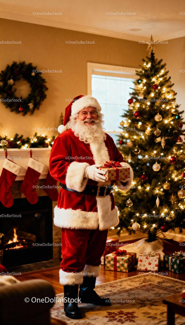 Smiling Santa Claus Holding Gift by Cozy Christmas Tree