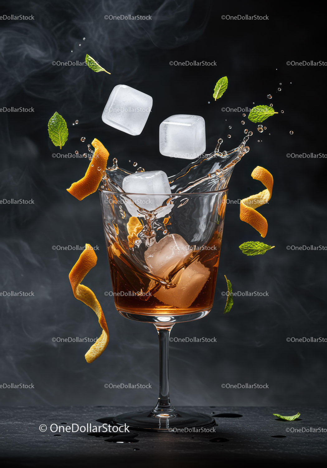 Refreshing cocktail with ice cubes and citrus zest splash