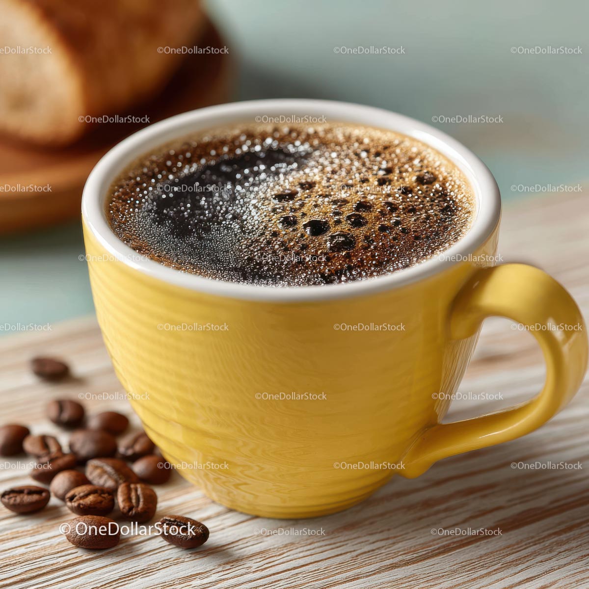 Delicious Coffee in a White Cup with Roasted Beans on Wooden Plate
