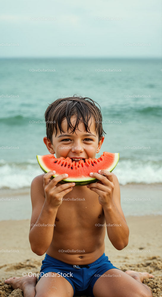 Happy Child Eating Watermelon on the Beach