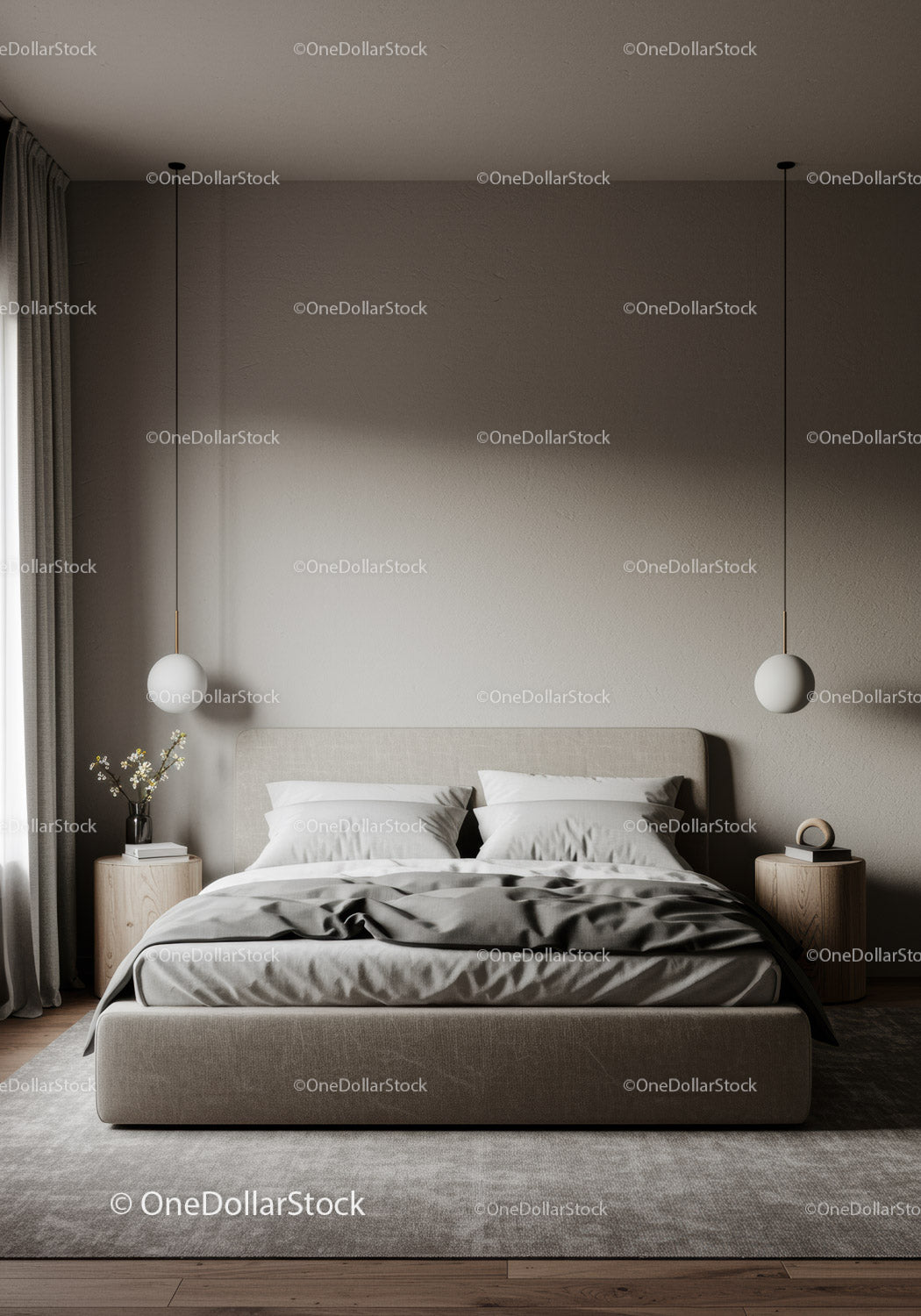 Elegant Minimalist Bedroom with Beige Upholstered Bed and Neutral Decor