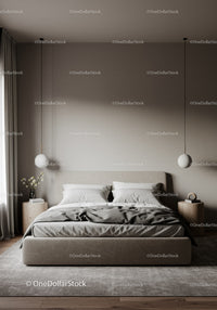 Elegant Minimalist Bedroom with Beige Upholstered Bed and Neutral Decor