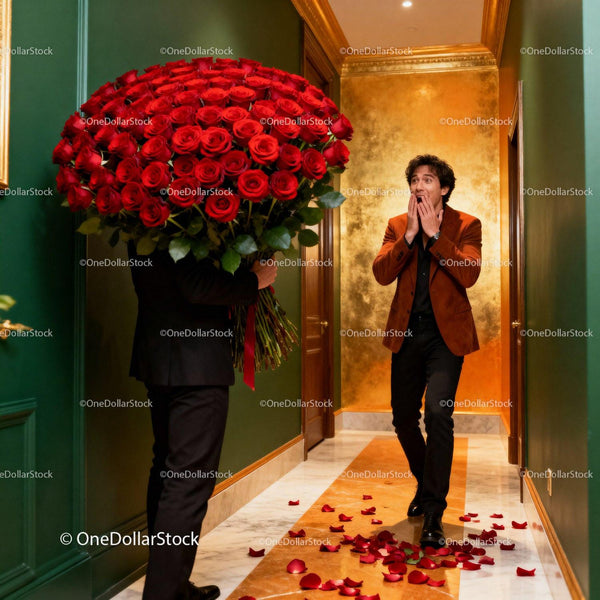 Man Surprised by Huge Bouquet of Red Roses Indoors