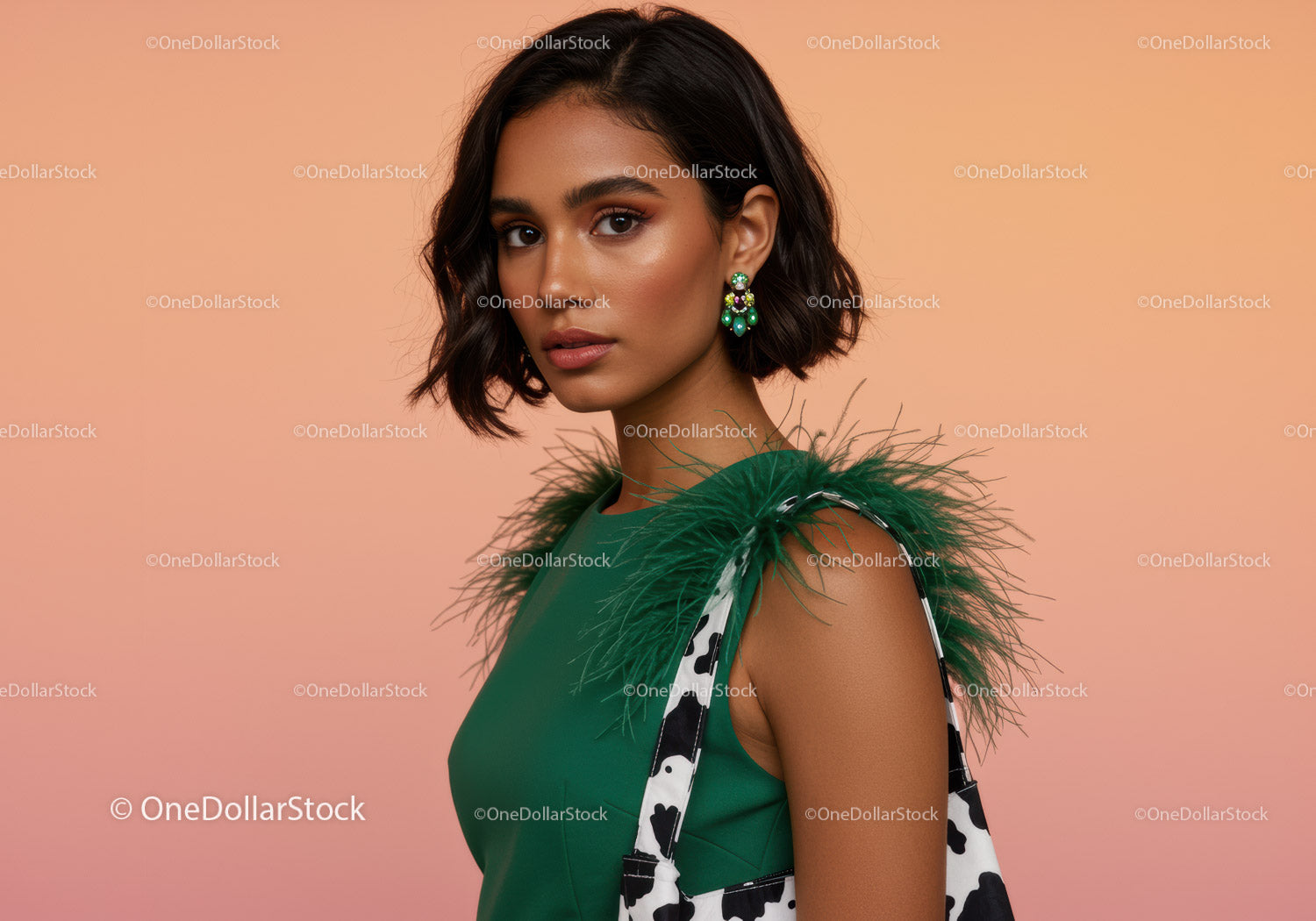 Stylish Woman with Feathered Green Dress and Modern Accessories