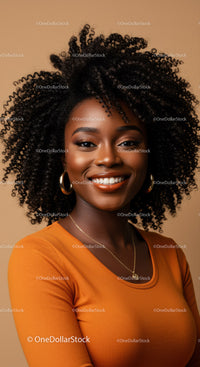 Elegant African Woman with Curly Hair and Bright Smile in Studio