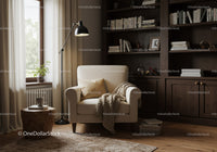 Cozy reading nook with armchair and warm lighting