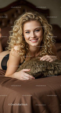 Blonde woman with curly hair smiling on bed