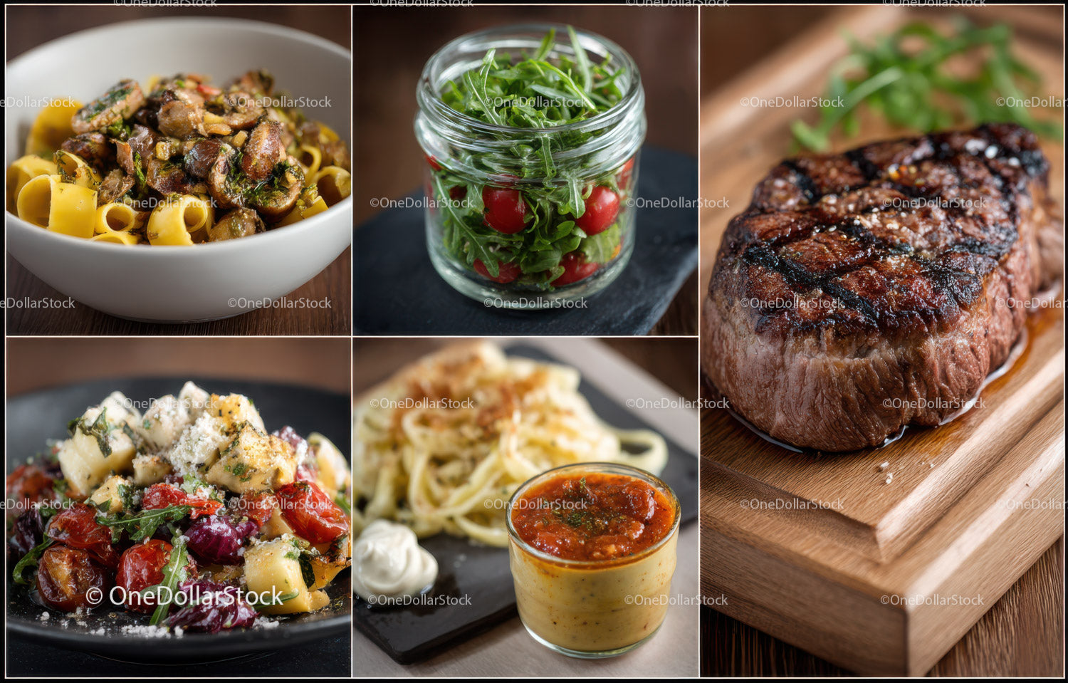 Assorted Food and Gourmet Dishes with Fresh Ingredients on Wooden Table
