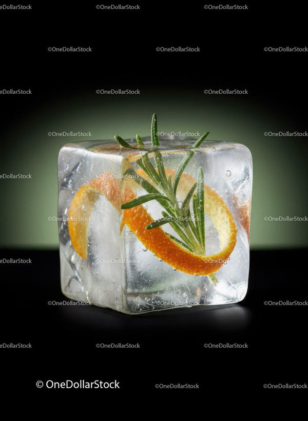 Fresh citrus and rosemary preserved inside clear ice cube