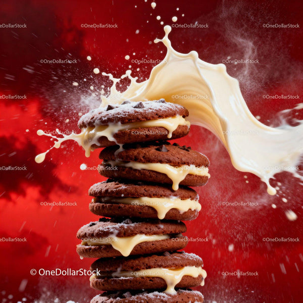 Stack of chocolate cookies with creamy filling and milk splash