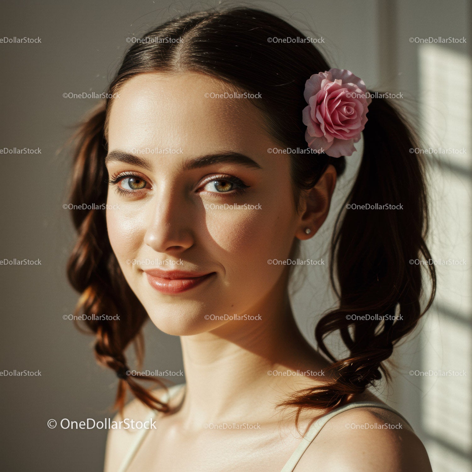 Portrait of a Smiling Young Woman with Pink Rose Hair Accessory