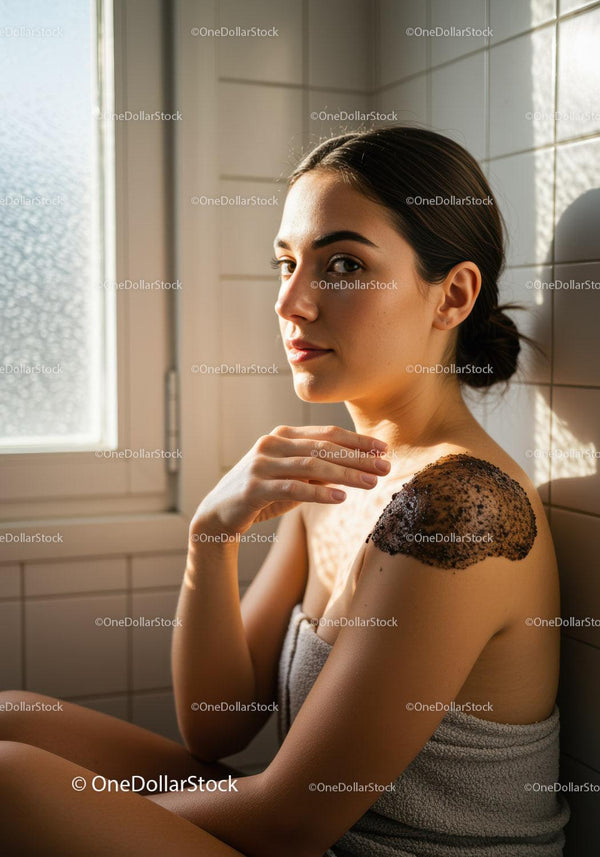 Young woman applying coffee scrub on shoulder