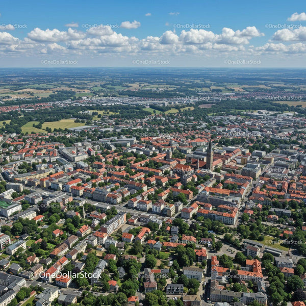 Aerial View of a Vibrant City with Red Roofs and Green Parks