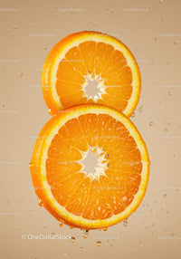 Fresh orange slices with water droplets on beige background