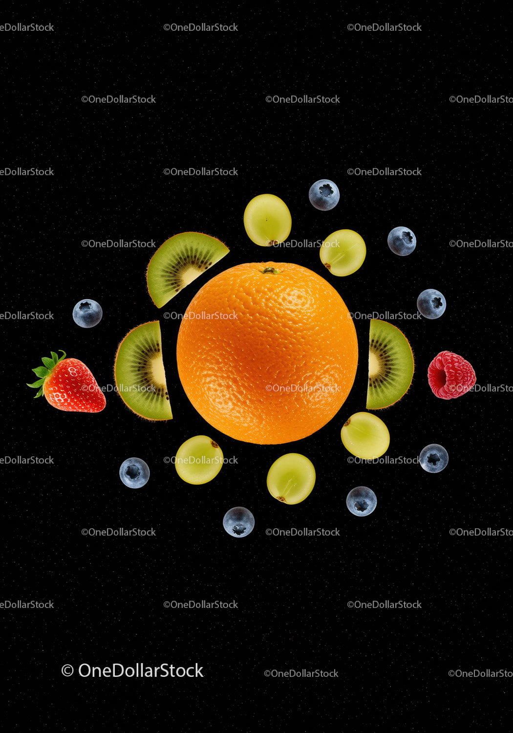 Fresh Mixed Fruits Arranged on Black Background