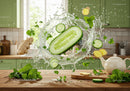 Fresh cucumber and ginger splash in modern kitchen