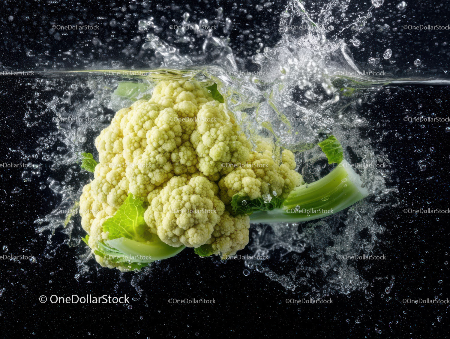 Fresh Green Cauliflower in Water Splash