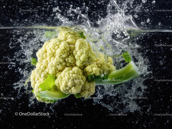 Fresh Green Cauliflower in Water Splash