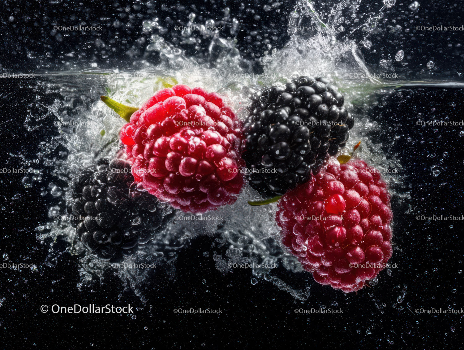 Splashing Fresh Raspberries and Blackberries in Water