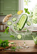 Fresh cucumber ginger splash with mint leaves in kitchen