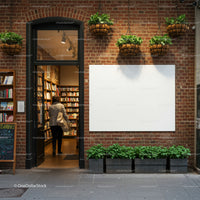 Woman entering cozy bookstore with brick facade