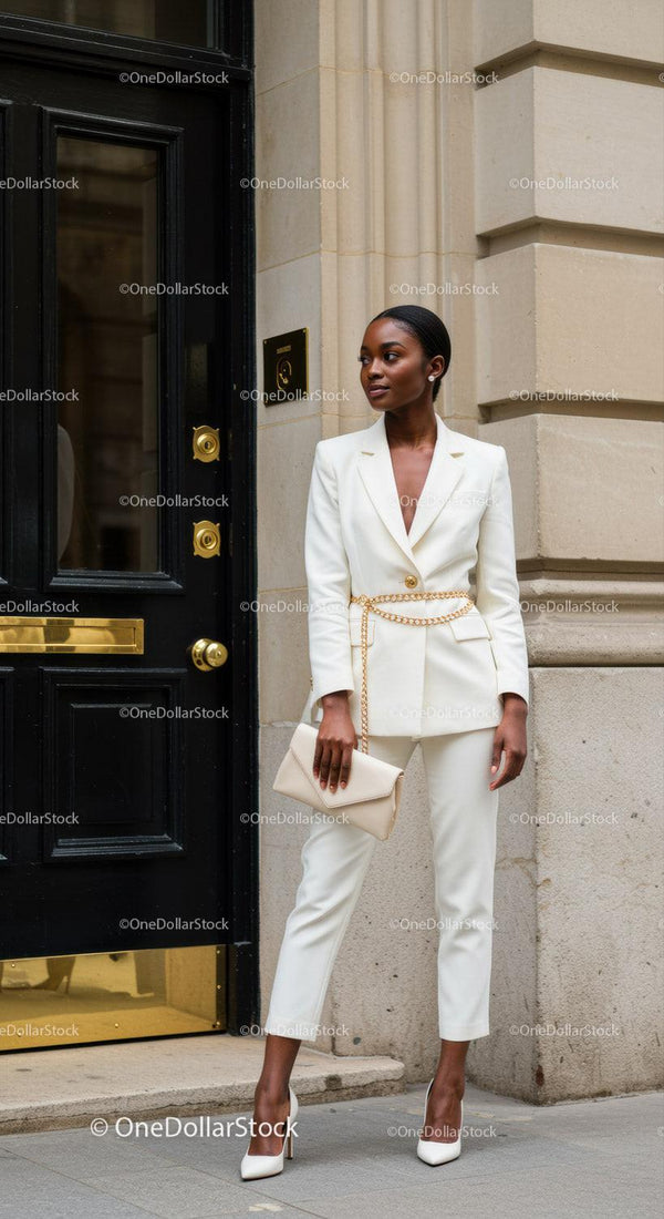 Confident woman in stylish white suit outdoors
