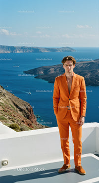 Man in Orange Suit Posing by Blue Coastal Cliffs
