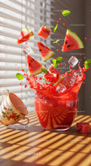 Splashing watermelon juice with fresh mint and ice cubes