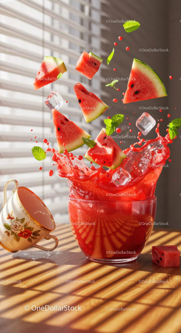 Splashing watermelon juice with fresh mint and ice cubes