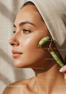 Young Woman Using Jade Roller for Facial Skincare Routine