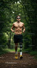 Active Male Runner with Prosthetic Leg Jogging in Forest Path