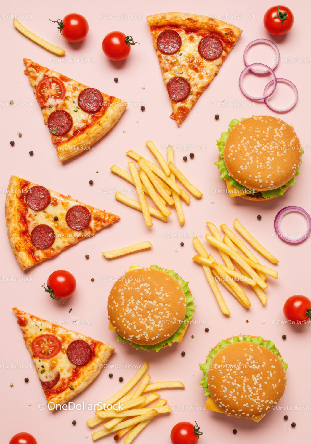 Fast Food Selection with Pizza, Burgers and Fries on Pink Background