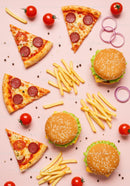 Fast Food Selection with Pizza, Burgers and Fries on Pink Background