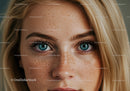 Close up of blue eyes and natural freckles on young woman