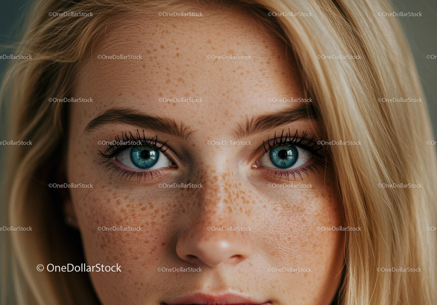 Close up of blue eyes and natural freckles on young woman