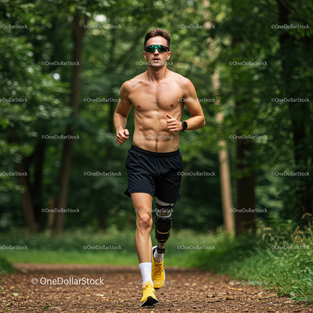 Male Runner with Prosthetic Leg Running Through Foggy Forest Trail